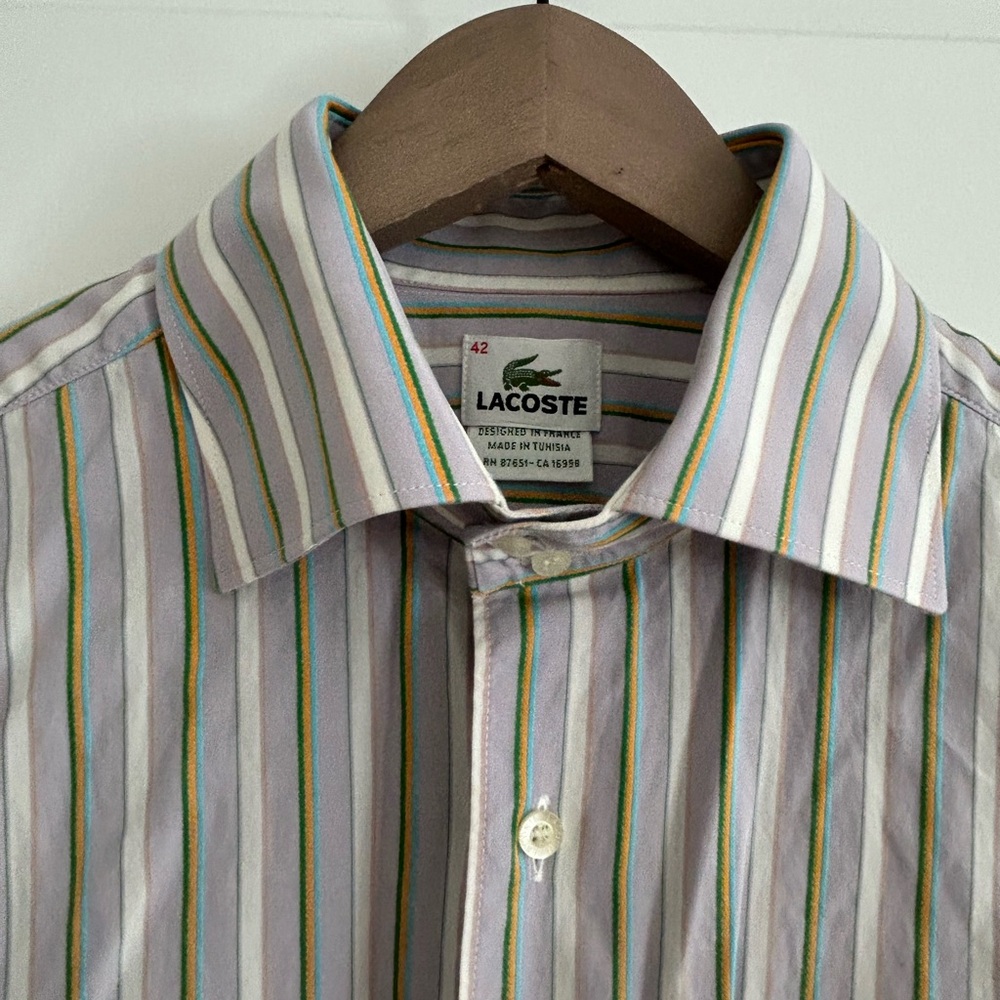 Lacoste Men’s Striped Shirt Purple White Multi Size 16 US Neck 42 EU